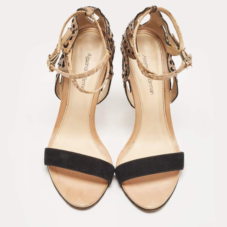 Pre Owned Alexandre Birman Tricolor Suede and Python Cut Out Ankle Strap Sandals Size 36.5