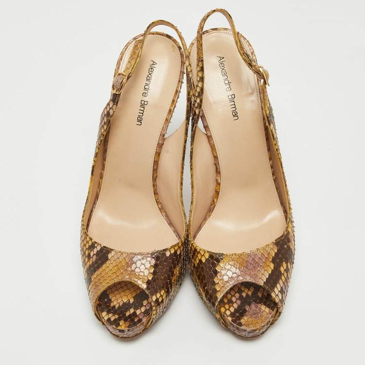 Pre Owned Alexandre Birman Yellow/Brown Snakeskin Peep Toe Slingback Pumps Size 37