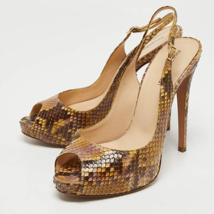 Pre Owned Alexandre Birman Yellow/Brown Snakeskin Peep Toe Slingback Pumps Size 37