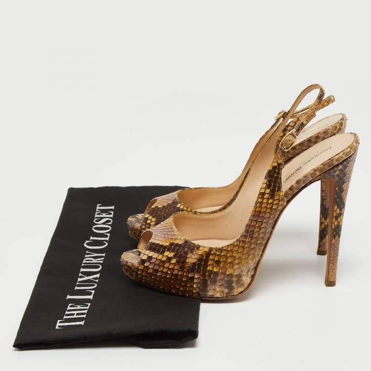 Pre Owned Alexandre Birman Yellow/Brown Snakeskin Peep Toe Slingback Pumps Size 37