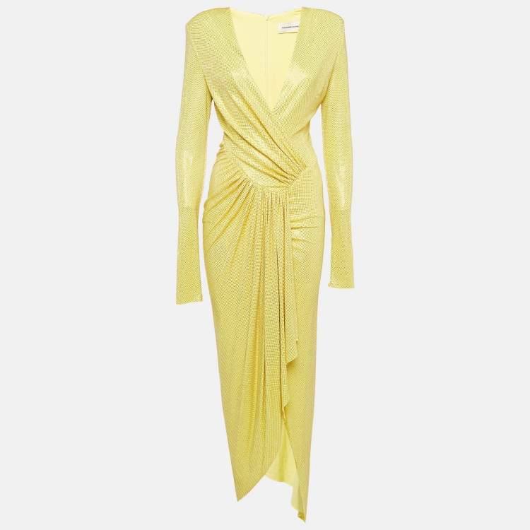 Pre Owned Alexandre Vauthier Yellow Studded Jersey Plunged Maxi Dress S