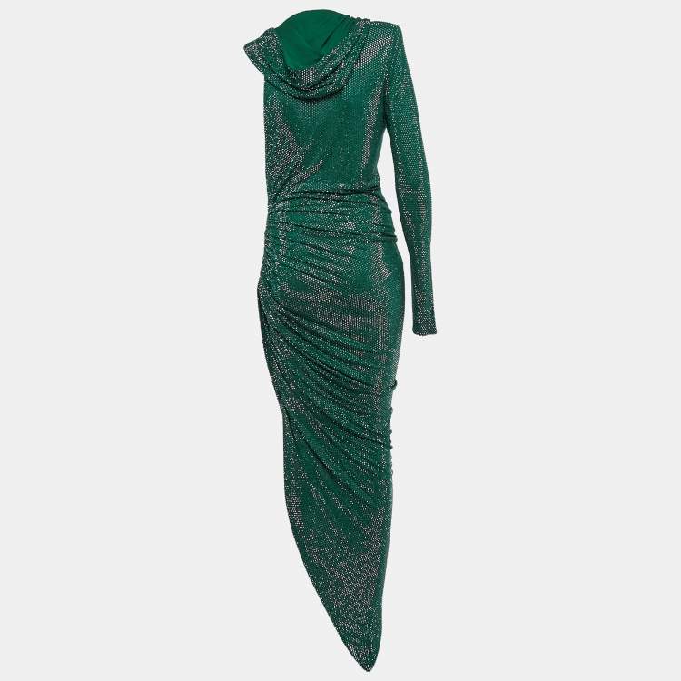 Pre Owned Alexandre Vauthier Green Crystallized Jersey Asymmetric Hooded Dress M