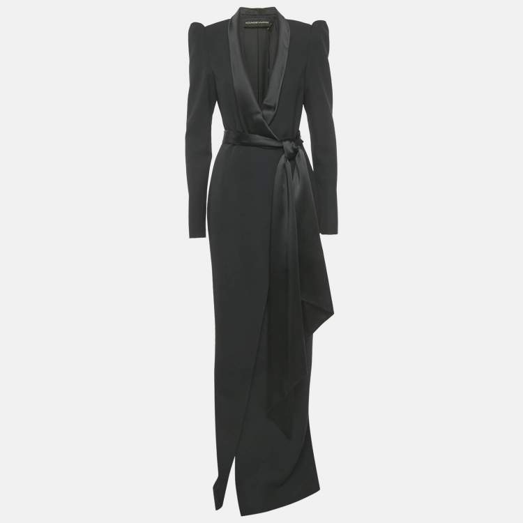 Pre Owned Alexandre Vauthier Black Satin Collar Crepe Tailored Long Dress S