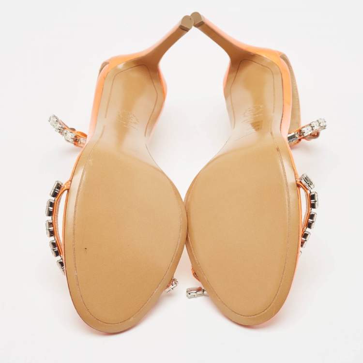 Pre Owned Alexandre Vauthier Orange  Patent Leather Crystal Embellishments Sandals Size 39