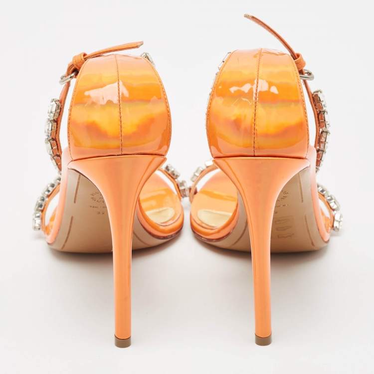 Pre Owned Alexandre Vauthier Orange  Patent Leather Crystal Embellishments Sandals Size 39