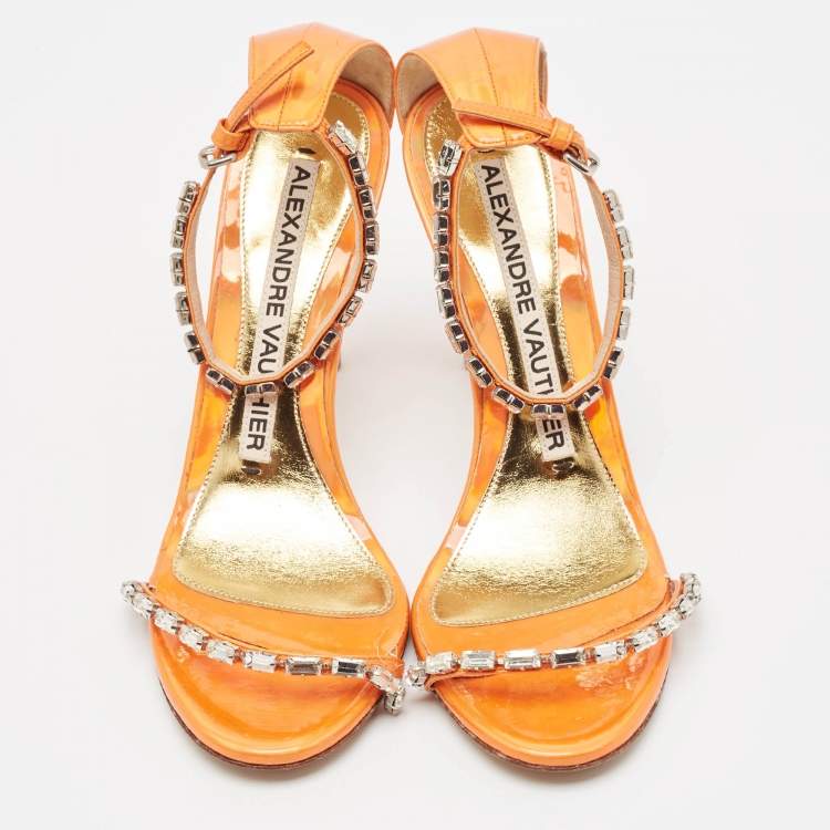 Pre Owned Alexandre Vauthier Orange  Patent Leather Crystal Embellishments Sandals Size 39