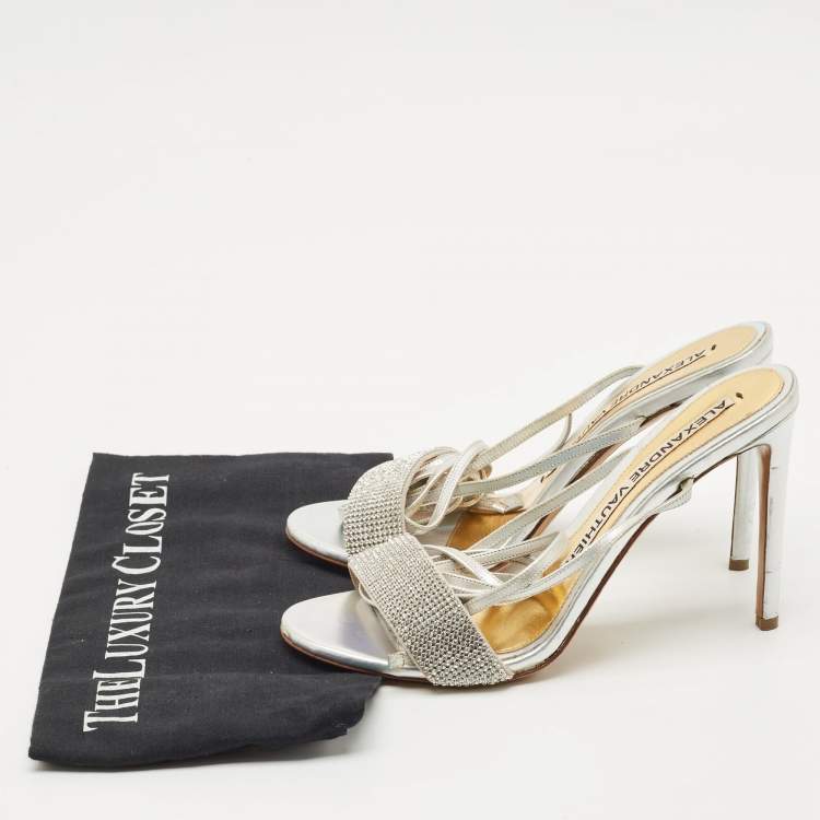 Pre Owned Alexandre Vauthier Silver Leather Crystal Embellished Ankle Wrap Sandals Size 39