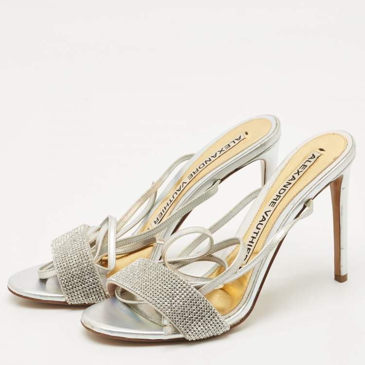 Pre Owned Alexandre Vauthier Silver Leather Crystal Embellished Ankle Wrap Sandals Size 39