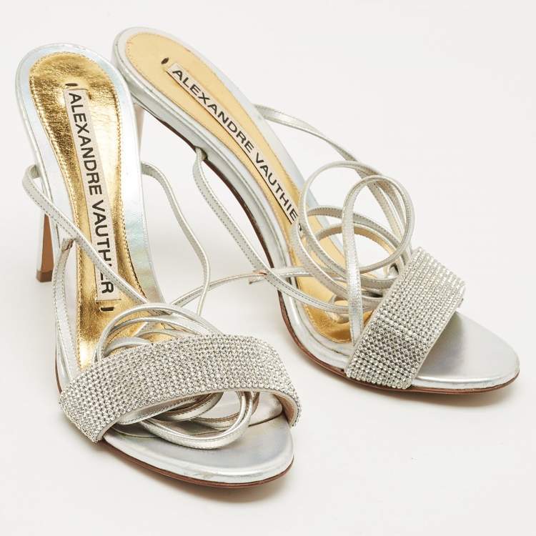Pre Owned Alexandre Vauthier Silver Leather Crystal Embellished Ankle Wrap Sandals Size 39