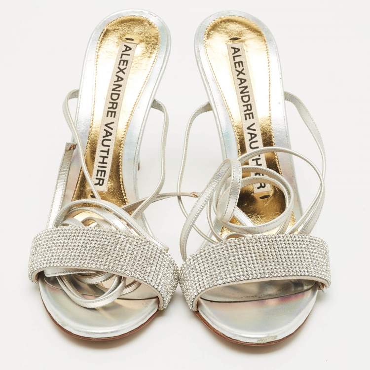 Pre Owned Alexandre Vauthier Silver Leather Crystal Embellished Ankle Wrap Sandals Size 39
