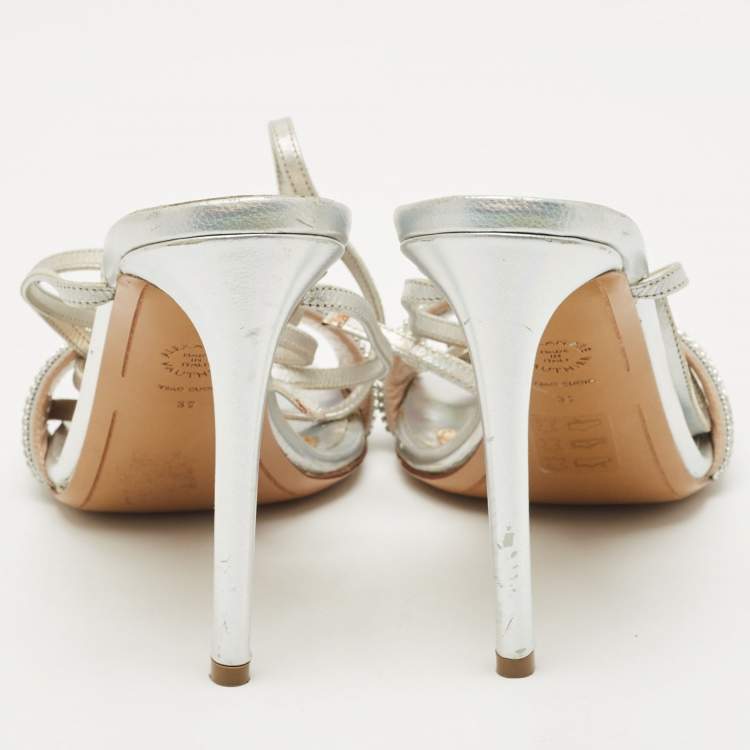 Pre Owned Alexandre Vauthier Silver Leather Crystal Embellished Ankle Wrap Sandals Size 39