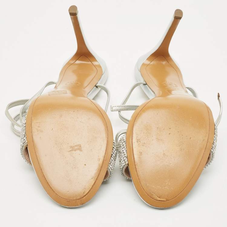 Pre Owned Alexandre Vauthier Silver Leather Crystal Embellished Ankle Wrap Sandals Size 39