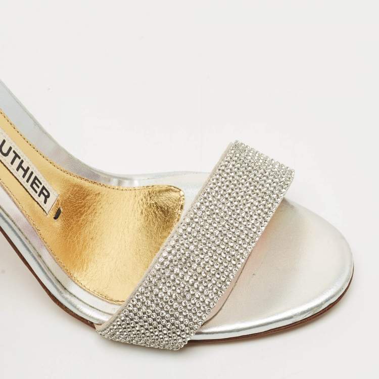 Pre Owned Alexandre Vauthier Silver Leather Crystal Embellished Ankle Wrap Sandals Size 39