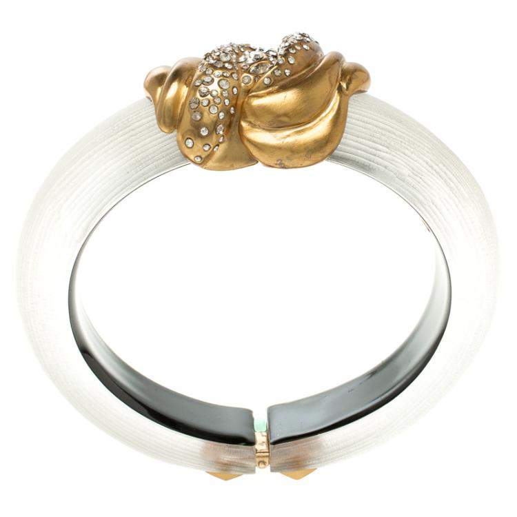 Pre Owned Alexis Bittar Crystal Studded Plexiglas Gold Tone Hinge Bracelet 17cm