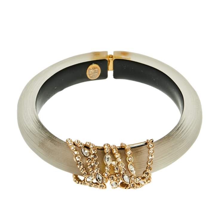 Pre Owned Alexis Bittar Grey Lucite Crystal Detail Cuff Bracelet