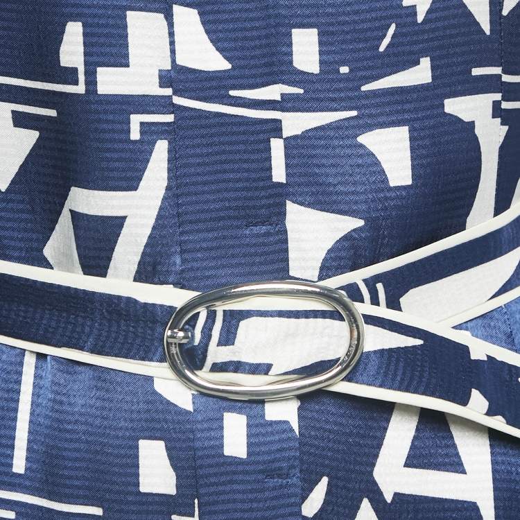 Pre Owned Alexis Blue/White Monogram Satin Asymmetric Marvella Dress XS
