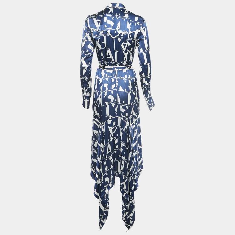 Pre Owned Alexis Blue/White Monogram Satin Asymmetric Marvella Dress XS