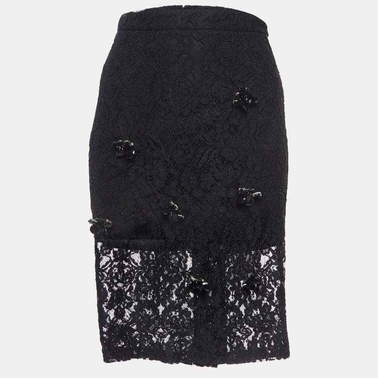 مملوكة مسبقًا Alexis Black Brooch Embellished Lace Pencil Skirt M