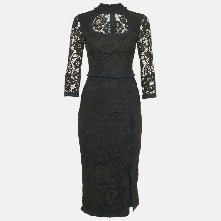 Pre Owned Alexis Black Lace Ruffled Midi Dress XS