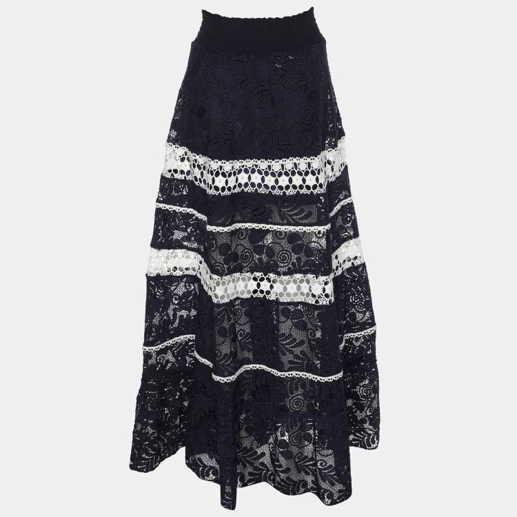 مملوكة مسبقًا Alexis Navy Blue/White Lace Embroidered Maxi Skirt L