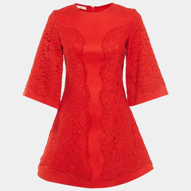 Pre Owned Alexis Red Crepe Guipure Lace Detail Mini Dress S