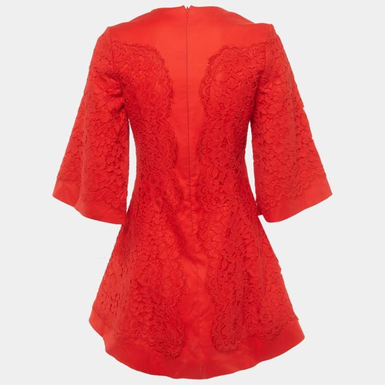 Pre Owned Alexis Red Crepe Guipure Lace Detail Mini Dress S