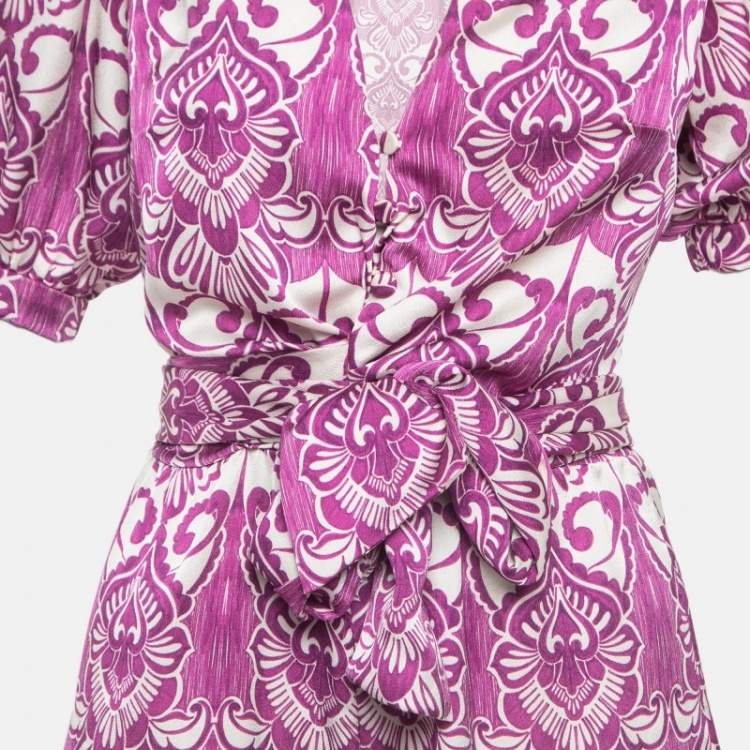 Pre Owned Alexis Purple Printed Satin Knotted Romper Jumpsuit XS