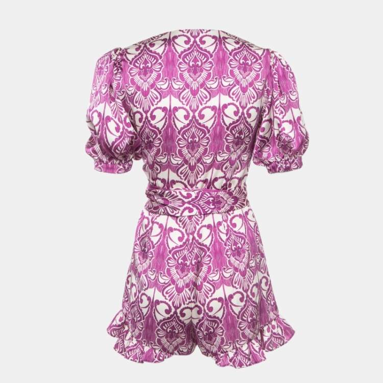 Pre Owned Alexis Purple Printed Satin Knotted Romper Jumpsuit XS