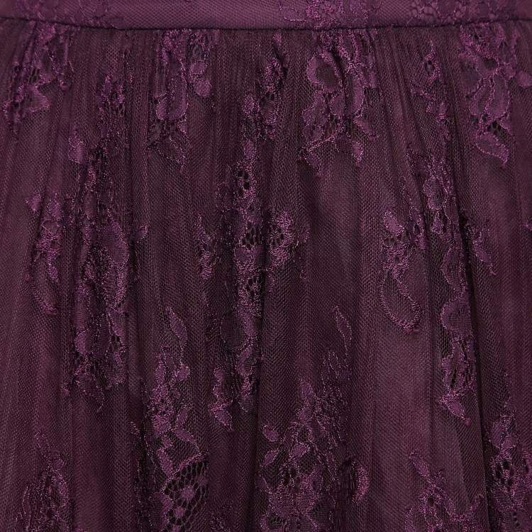 Pre Owned Alice + Olivia Purple Floral Pattern Lace Scallop Hem Midi Skirt M