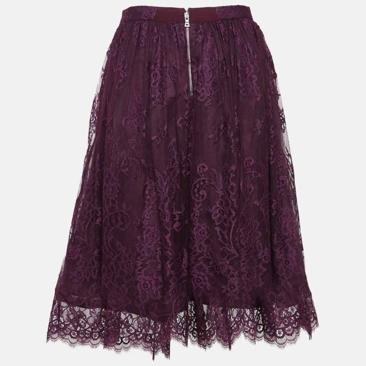 Pre Owned Alice + Olivia Purple Floral Pattern Lace Scallop Hem Midi Skirt M