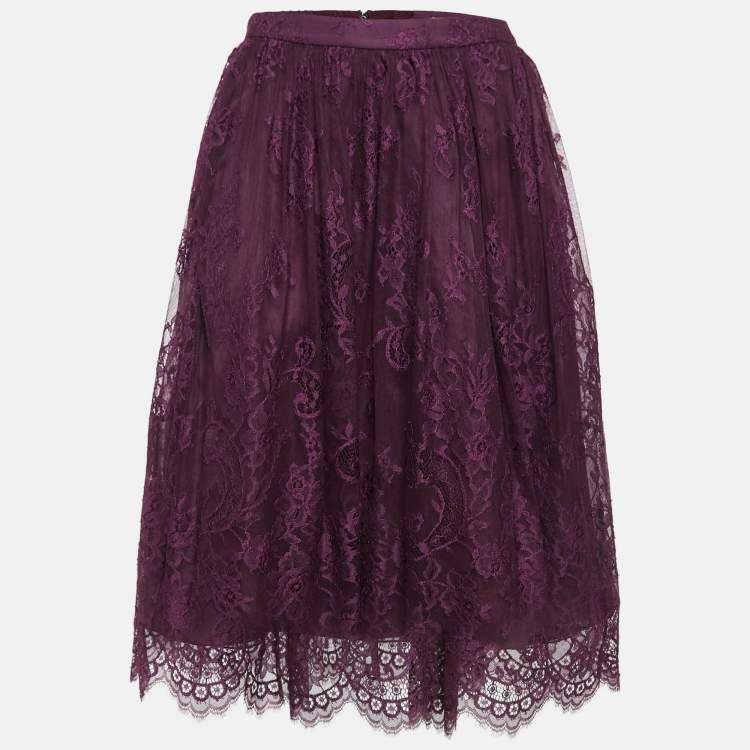 Pre Owned Alice + Olivia Purple Floral Pattern Lace Scallop Hem Midi Skirt M