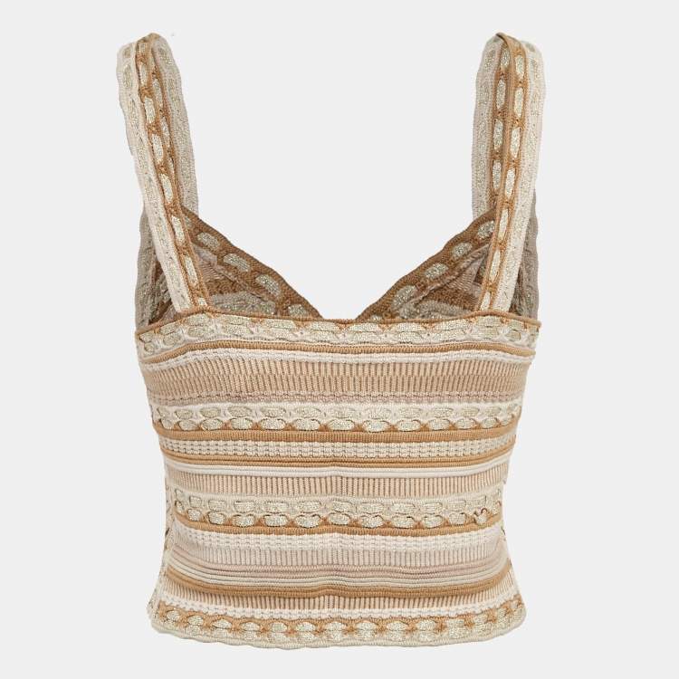 Pre Owned Alice + Olivia Gold/Natural Patterned Lurex and Cotton Knit Crop Top S