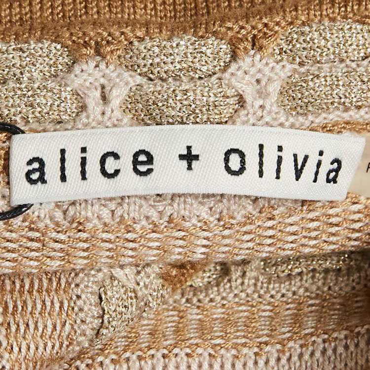Pre Owned Alice + Olivia Gold/Natural Patterned Lurex and Cotton Knit Crop Top S