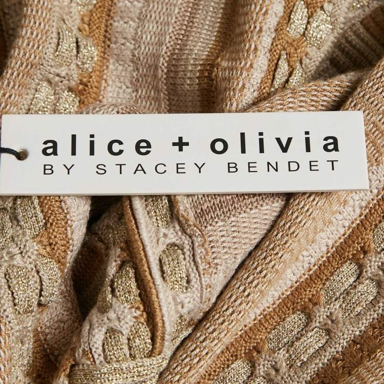 Pre Owned Alice + Olivia Gold/Natural Patterned Lurex and Cotton Knit Crop Top S