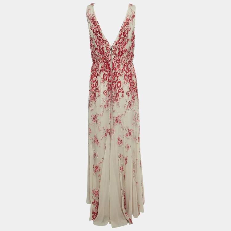 Pre Owned Alice + Olivia Beige/Red Floral Embroidery Lace V-Neck Sleeveless Maxi Dress L