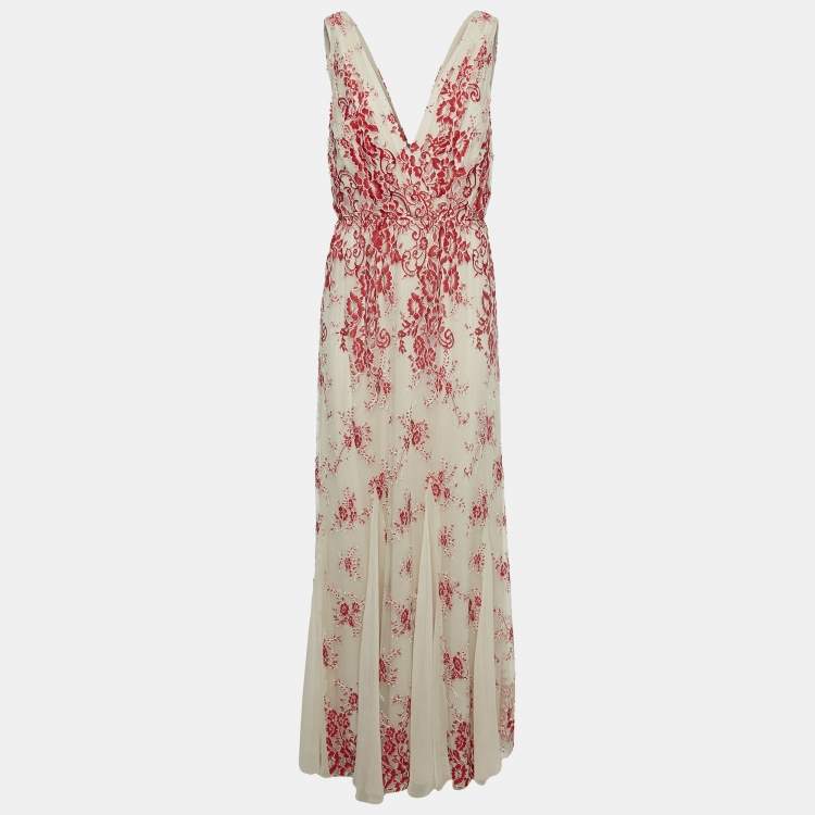 Pre Owned Alice + Olivia Beige/Red Floral Embroidery Lace V-Neck Sleeveless Maxi Dress L