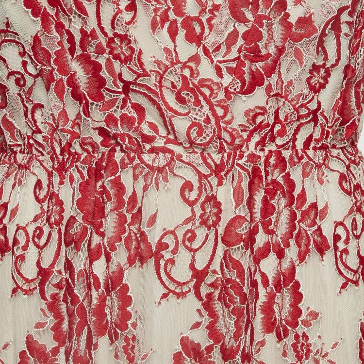 Pre Owned Alice + Olivia Beige/Red Floral Embroidery Lace V-Neck Sleeveless Maxi Dress L