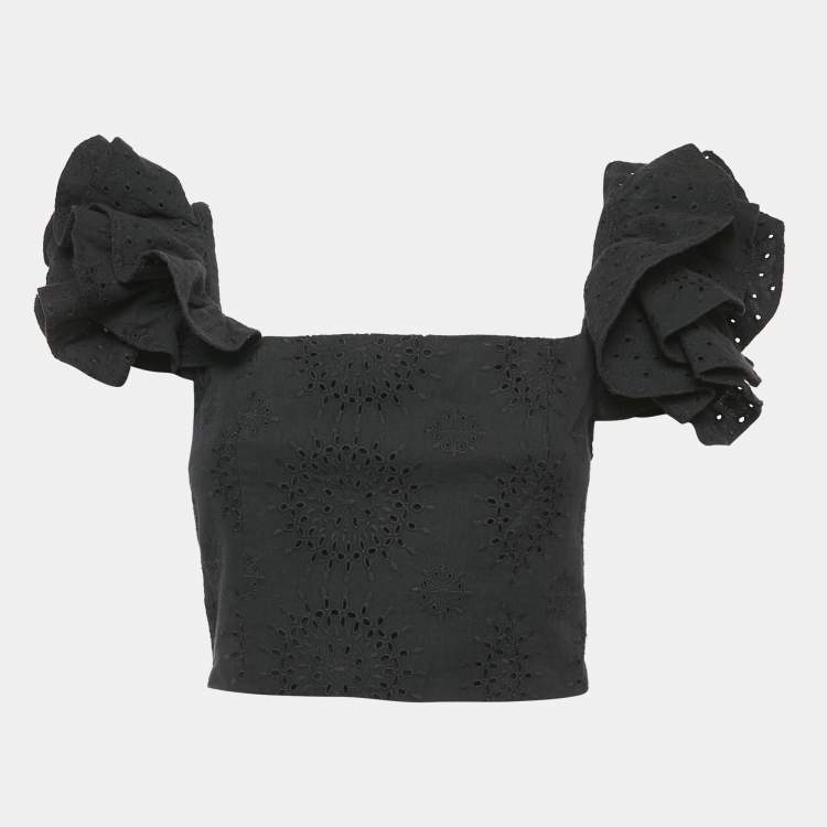 Pre Owned Alice + Olivia Black Broderie-Anglaise Tawny Ruffled Crop Top S