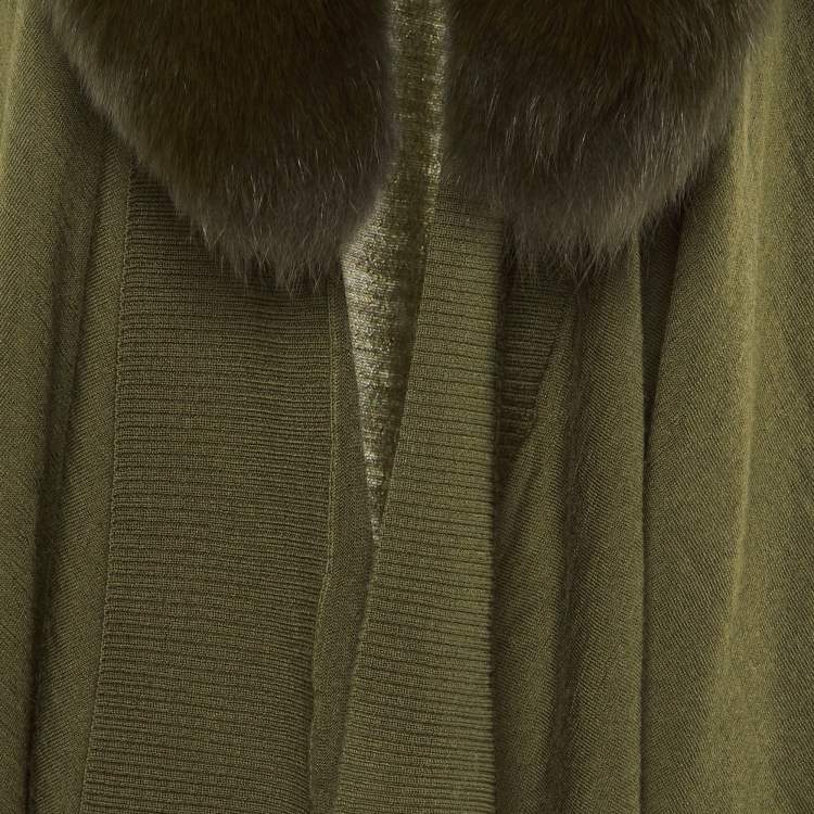 مملوكة مسبقًا Alice + Olivia Olive Green Wool Detachable Fur Open Front Cardigan XS