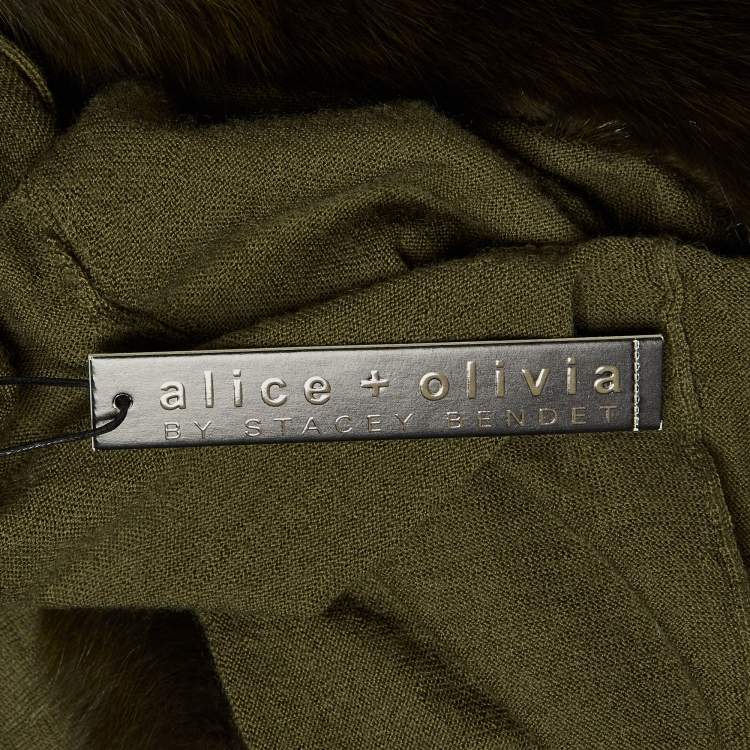 مملوكة مسبقًا Alice + Olivia Olive Green Wool Detachable Fur Open Front Cardigan XS