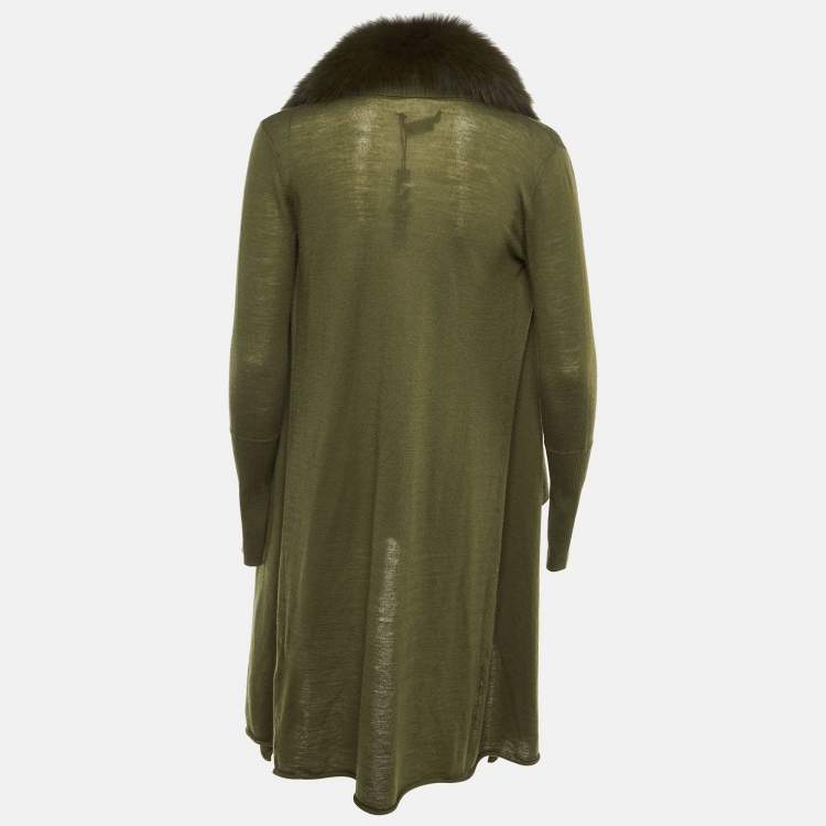 مملوكة مسبقًا Alice + Olivia Olive Green Wool Detachable Fur Open Front Cardigan XS