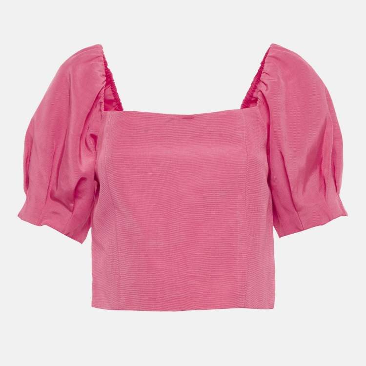 Pre Owned Alice + Olivia Pink Cotton Blend Puff Sleeve Joslyn Crop Top L