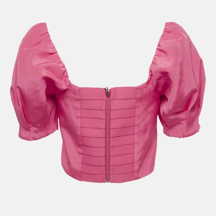 Pre Owned Alice + Olivia Pink Cotton Blend Puff Sleeve Joslyn Crop Top L