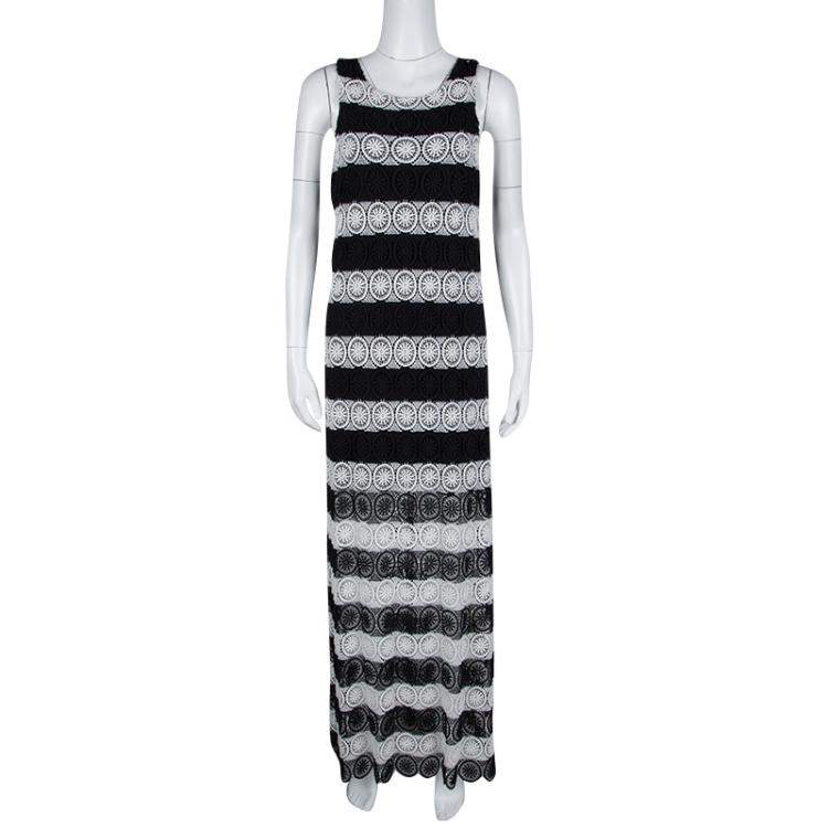 Pre Owned Alice + Olivia Monochrome Striped Crochet Lace Sleeveless Lucia Maxi Dress M