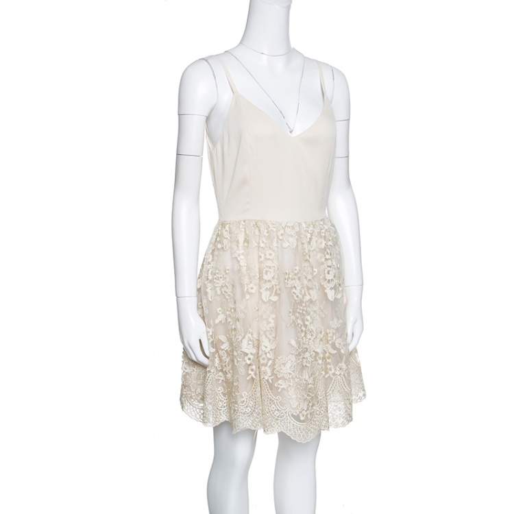 Pre Owned Alice + Olivia Beige Antique Gold Lace Detail Julianne Ballerina Dress M