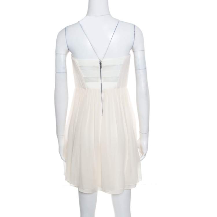 Pre Owned Alice + Olivia Cream Crepe Silk Pleated Bodice Strapless Skater Dress S