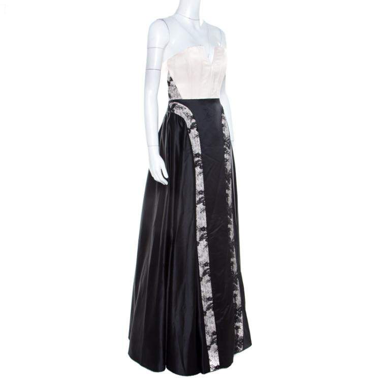 Pre Owned Alice + Olivia Pearl and Black Satin Strapless Corset Bodice Dayla Gown XS