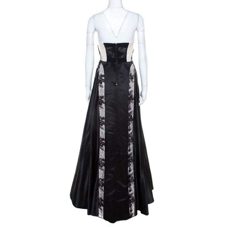 Pre Owned Alice + Olivia Pearl and Black Satin Strapless Corset Bodice Dayla Gown XS