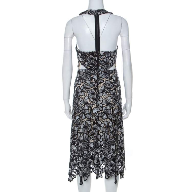 Pre Owned Alice + Olivia Monochrome Lace Back Zip Detail Noreen Midi Dress S