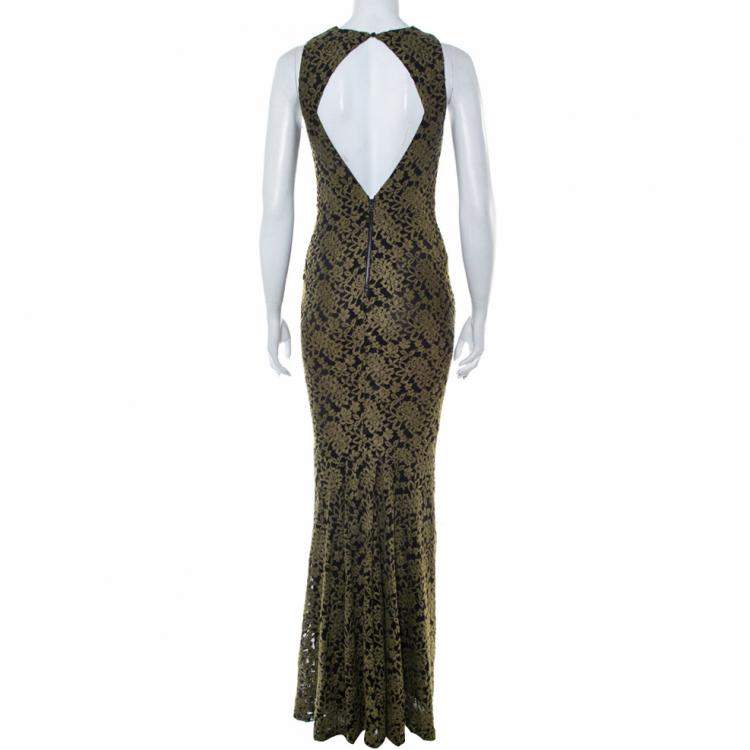 Pre Owned Alice + Olivia Olive Green Embroidered Tulle Open Back Detail Sleeveless Gown S